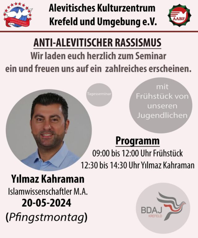 Liebe Canlar, hiermit seid ihr zum Seminar „Anti-Alevitischer Rassismus“ eingeladen. Wir freuen uns auf euch! 😊